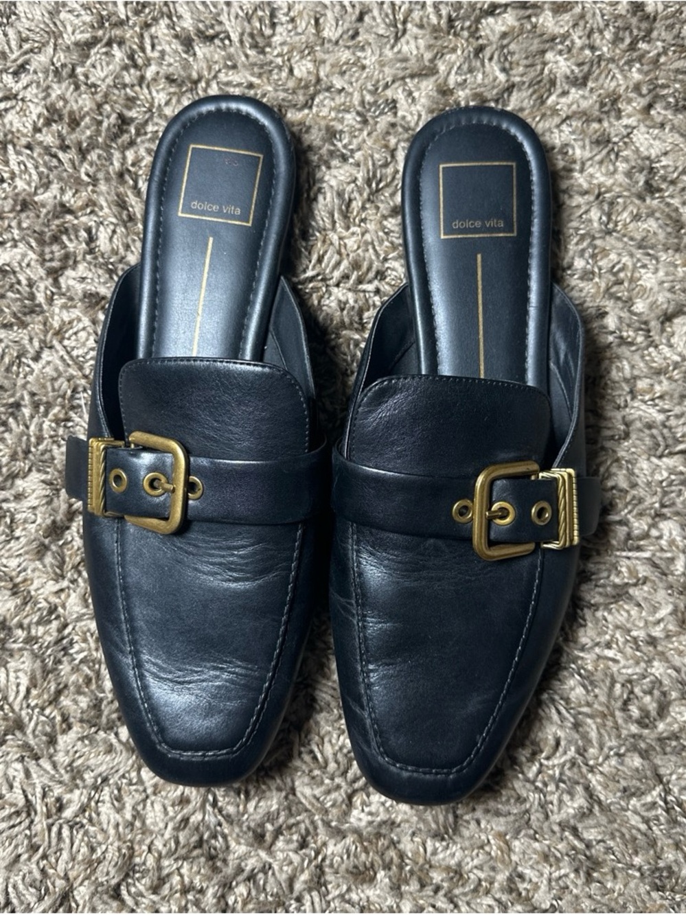Dolce Vita Black Leather Mule Slides with Gold Buckle Women’s size 9.5
